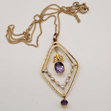 Load image into Gallery viewer, Vintage 9ct Gold Amethyst and Seed Pearl Pendant