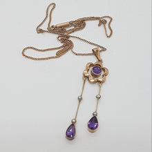 Load image into Gallery viewer, Antique 9ct Gold Amethyst and Split Pearl Lavaliar Necklace.