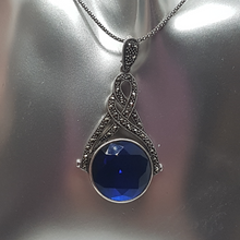 Load image into Gallery viewer, Sterling Silver Marcasite and Blue Stone Pendant
