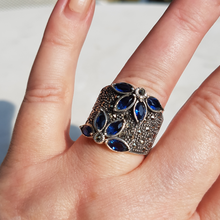 Load image into Gallery viewer, Sterling Silver Blue Stone and Marcasite Floral Ring