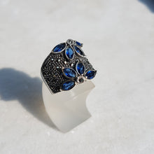 Load image into Gallery viewer, Sterling Silver Blue Stone and Marcasite Floral Ring