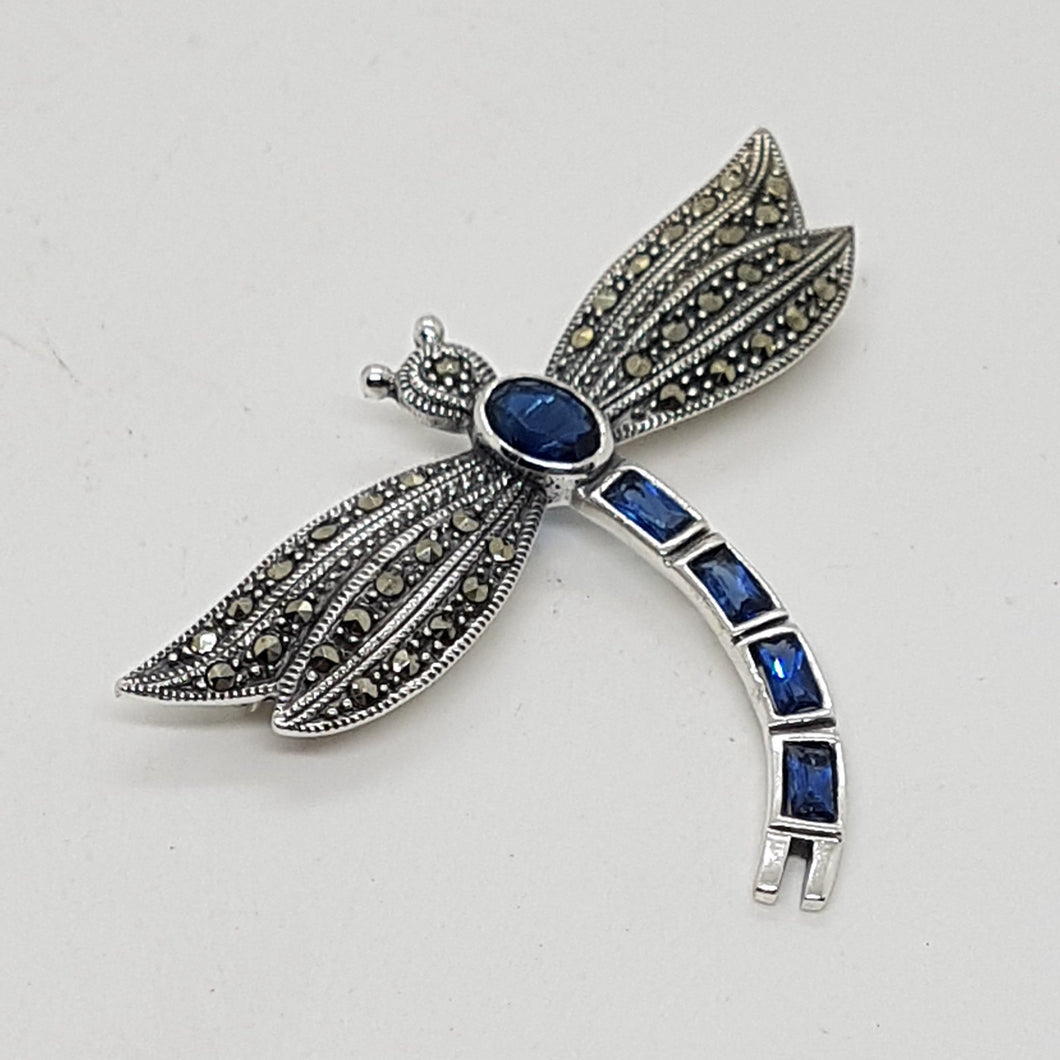 Sterling Silver Blue Crystal and Marcasite Dragonfly Brooch