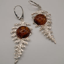 Load image into Gallery viewer, Sterling Silver Fern Leaf Amber Drop Earrings
