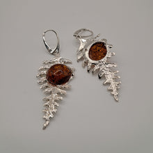 Load image into Gallery viewer, Sterling Silver Fern Leaf Amber Drop Earrings
