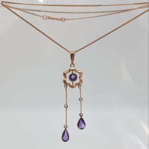 Antique 9ct Gold Amethyst and Split Pearl Lavaliar Necklace.
