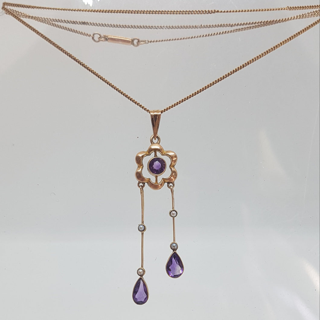 Antique 9ct Gold Amethyst and Split Pearl Lavaliar Necklace.