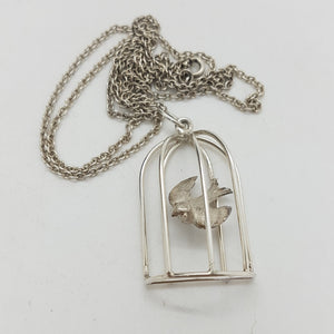 Vintage Sterling Silver Bird in a Cage Pendant