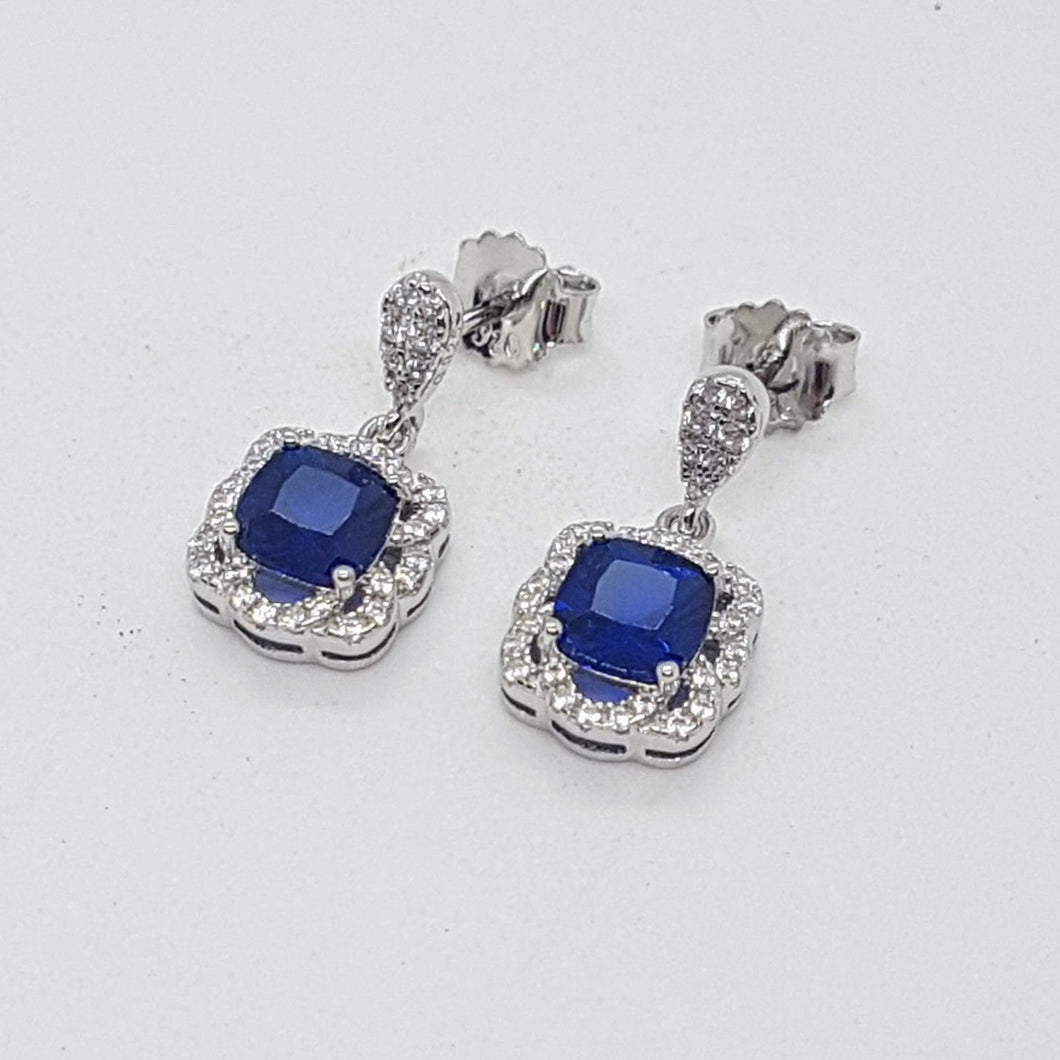 Sterling Silver Sapphire and White CZ Drop Earrings