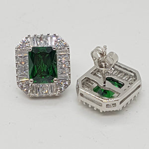 Sterling Silver Art Deco Style Emerald and White CZ Earrings