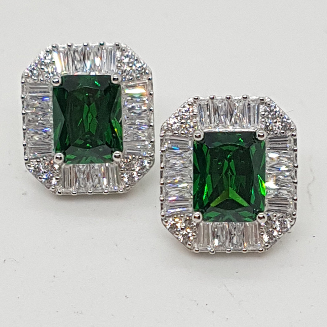 Sterling Silver Art Deco Style Emerald and White CZ Earrings