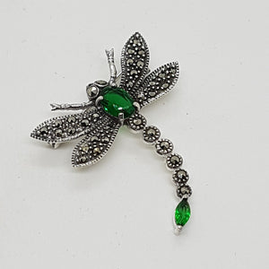 Sterling Silver Green Stone Marcasite Dragonfly Brooch