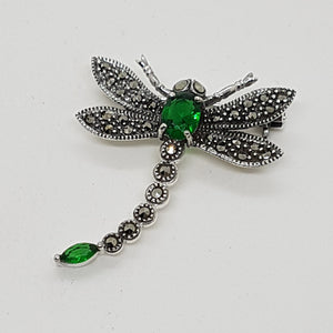 Sterling Silver Green Stone Marcasite Dragonfly Brooch