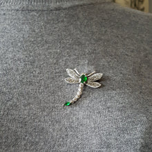 Load image into Gallery viewer, Sterling Silver Green Stone Marcasite Dragonfly Brooch
