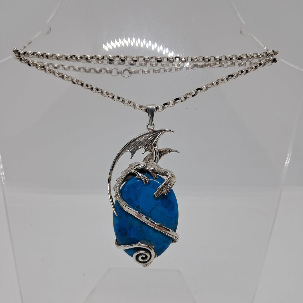 Vintage Sterling Silver Dragon and Turquoise Pendant.
