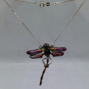 Antique Sterling Silver Enamel Garnet Dragonfly Pendant