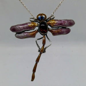 Antique Sterling Silver Enamel Garnet Dragonfly Pendant