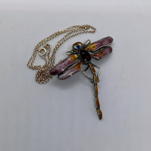 Antique Sterling Silver Enamel Garnet Dragonfly Pendant