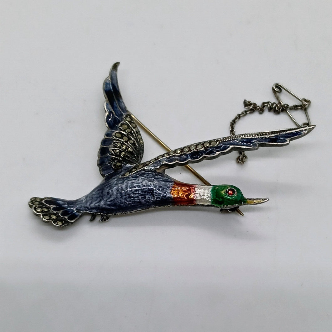 Antique Sterling Silver Enamel Marcasite Mallard Duck Brooch