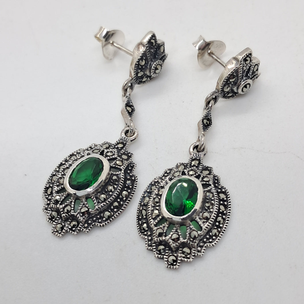 Sterling Silver Marcasite and Green Crystal Stone Drop Earrings