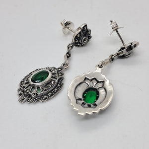 Sterling Silver Marcasite and Green Crystal Stone Drop Earrings