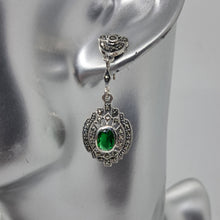 Load image into Gallery viewer, Sterling Silver Marcasite and Green Crystal Stone Drop Earrings
