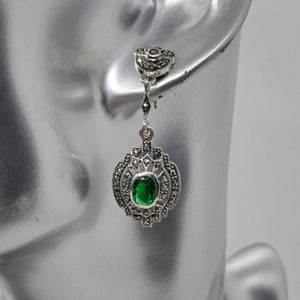 Sterling Silver Marcasite and Green Crystal Stone Drop Earrings