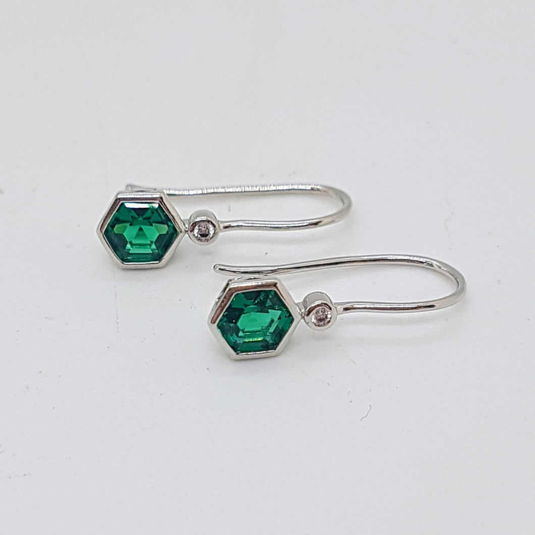 Sterling Silver Emerald and white CZ Drop Earrings