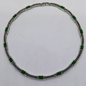 Sterling Silver Marcasite Green Crystal Necklace