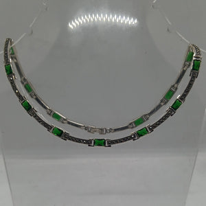 Sterling Silver Marcasite Green Crystal Necklace