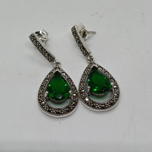 Load image into Gallery viewer, Sterling Silver Green Crystal Marcasite Drop Earrings
