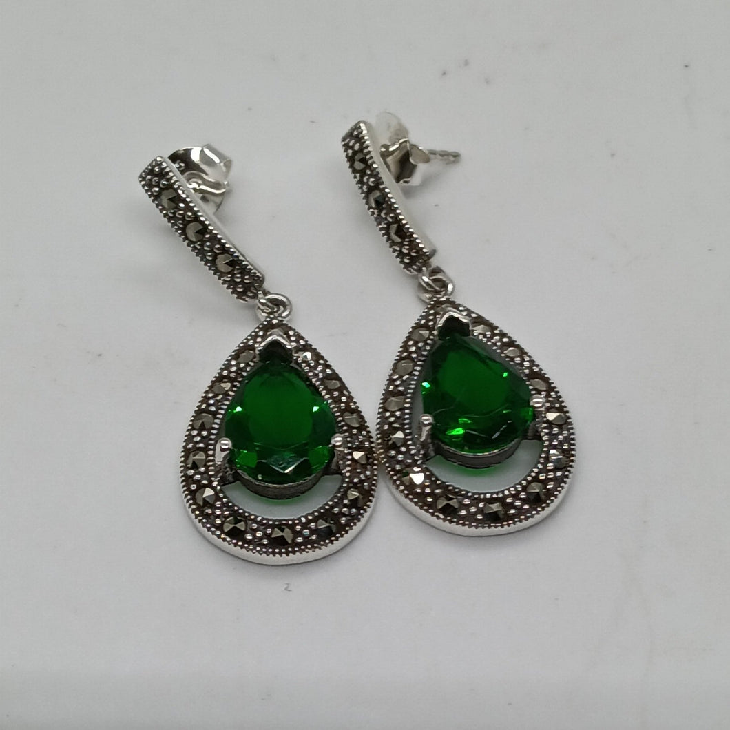 Sterling Silver Green Crystal Marcasite Drop Earrings