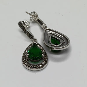 Sterling Silver Green Crystal Marcasite Drop Earrings