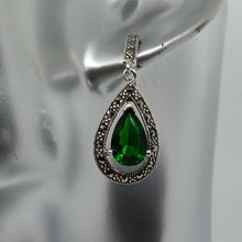 Load image into Gallery viewer, Sterling Silver Green Crystal Marcasite Drop Earrings
