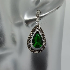 Sterling Silver Green Crystal Marcasite Drop Earrings