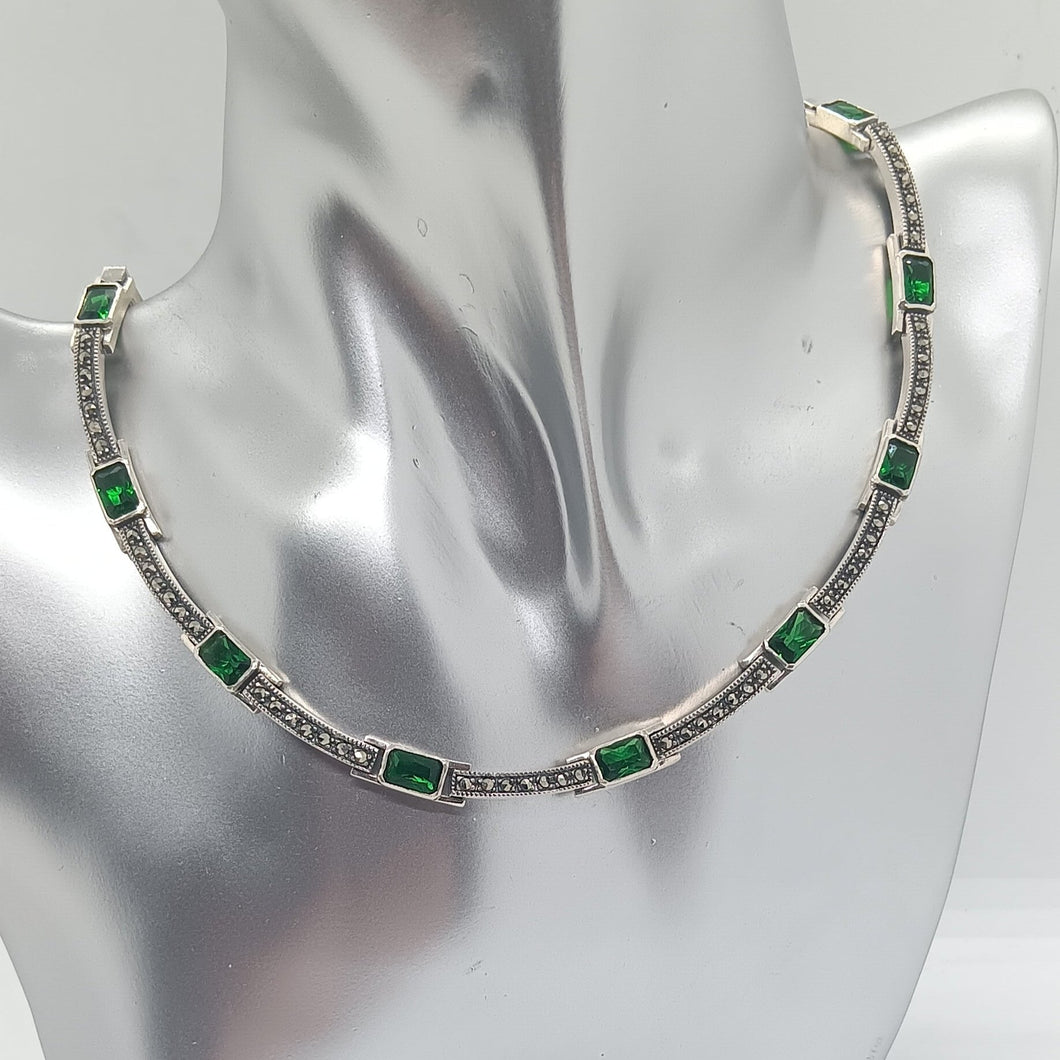 Sterling Silver Marcasite Green Crystal Necklace