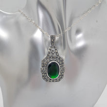 Load image into Gallery viewer, Sterling Silver Marcasite and Green Crystal Stone Pendant
