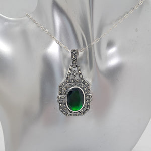 Sterling Silver Marcasite and Green Crystal Stone Pendant