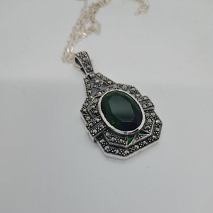 Sterling Silver Marcasite and Green Crystal Stone Pendant