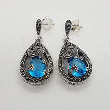 Load image into Gallery viewer, Sterling Silver Teardrop Blue Stone and Marcasite Earrings
