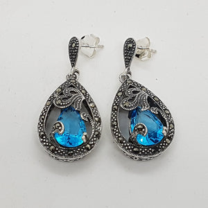 Sterling Silver Teardrop Blue Stone and Marcasite Earrings