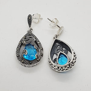 Sterling Silver Teardrop Blue Stone and Marcasite Earrings