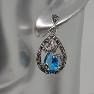 Sterling Silver Teardrop Blue Stone and Marcasite Earrings