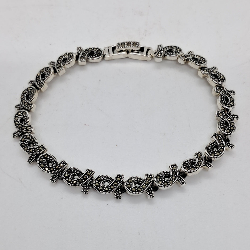 Sterling Silver Fancy Link Marcasite Bracelet.