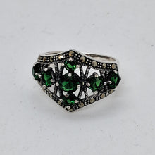 Load image into Gallery viewer, Sterling Silver Marcasite and Green Crystal Ring
