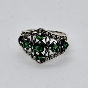 Sterling Silver Marcasite and Green Crystal Ring