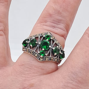 Sterling Silver Marcasite and Green Crystal Ring