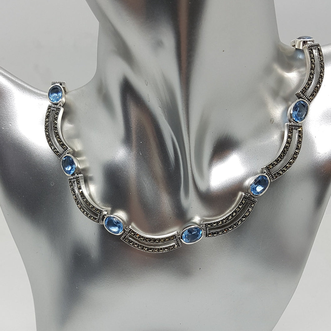 Sterling Silver Marcasite and Blue Topaz CZ Necklace Pendant