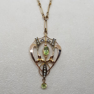 Antique 9ct Gold Peridot Split Pearl Lavalier Pendant