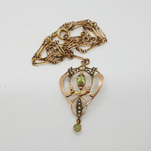 Antique 9ct Gold Peridot Split Pearl Lavalier Pendant