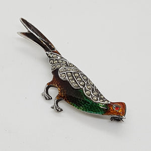 Antique Sterling Silver Enamel  Marcasite Pheasant Brooch